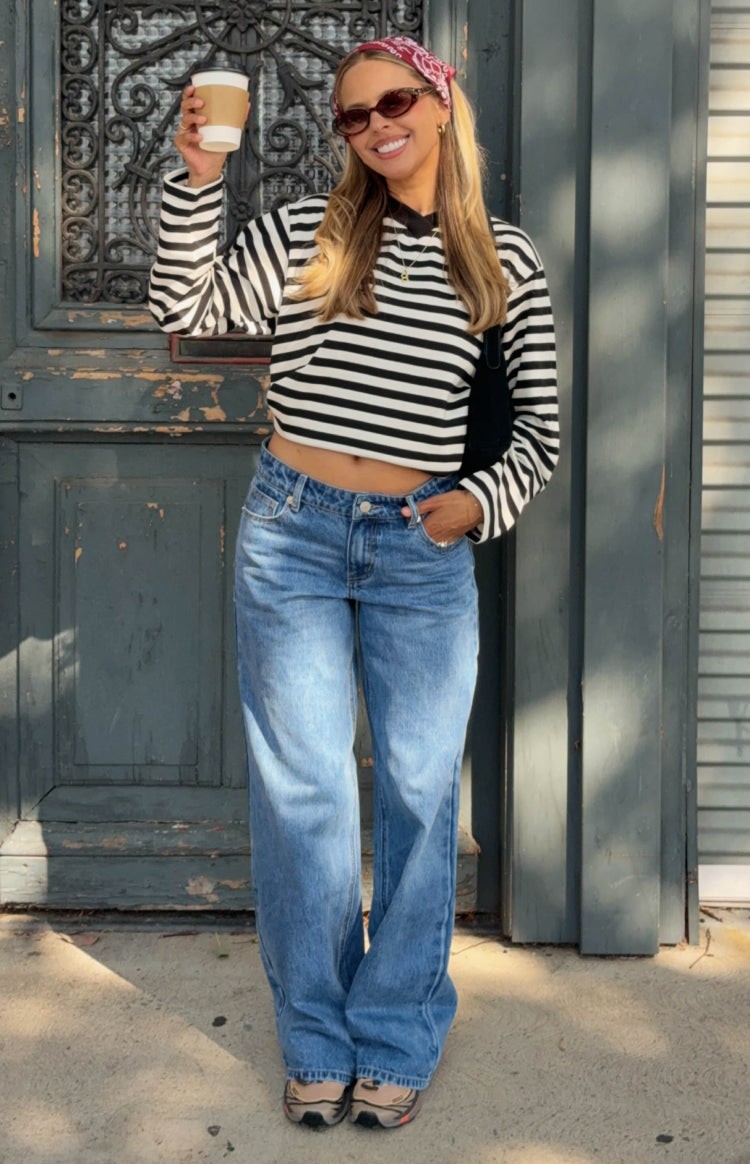Toni Black Stripe V Neck Long Sleeve Top